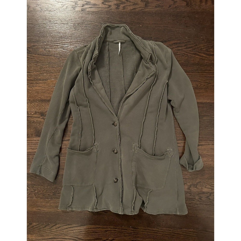 Free People Small Sage Green Blazer Jacket Coat Metal Button Cotton Pockets